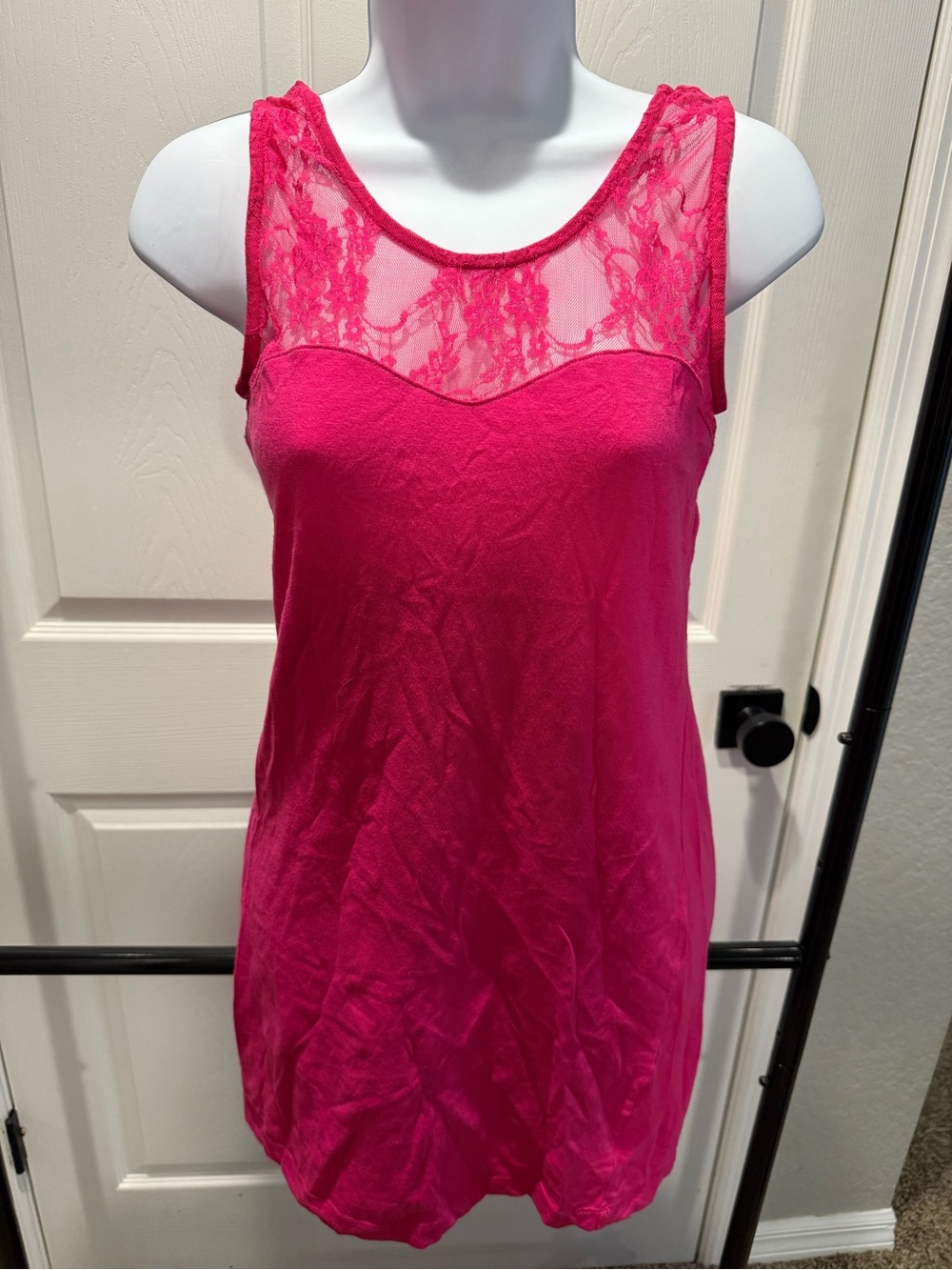 Junior's Lace Yoke Tank Mini Dress - Hot Pink